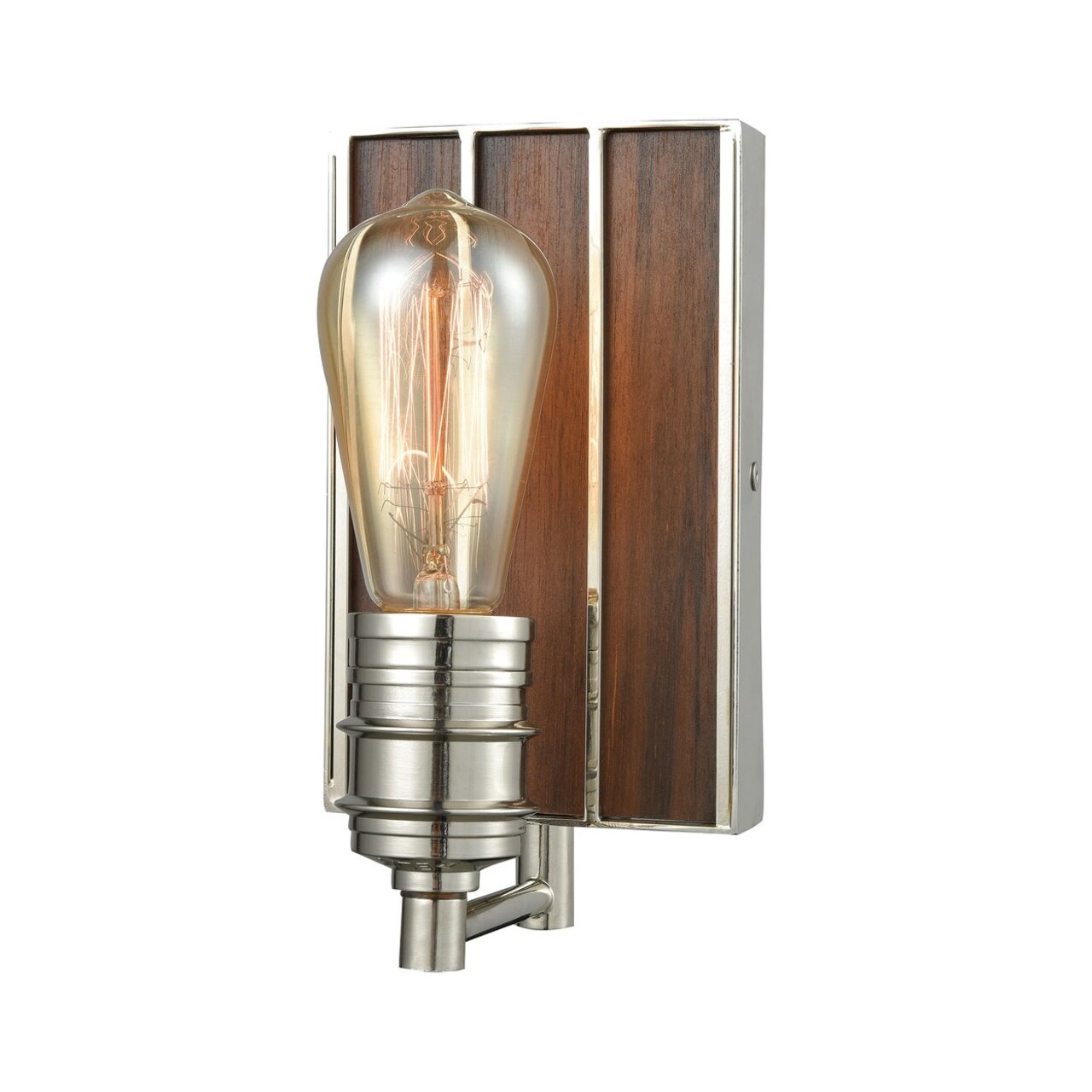Brookweiler 1-Light Vanity Lamp In Polished Nickel With Dark Wood Backplate